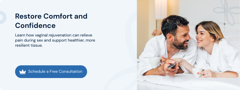 Relaxed couple in robes beside a call to schedule a free vaginal rejuvenation consultation