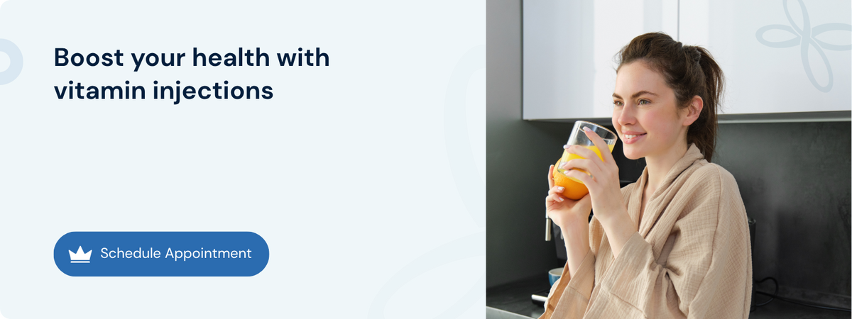 Woman drinking orange juice beside a prompt to schedule a vitamin injection appointment
