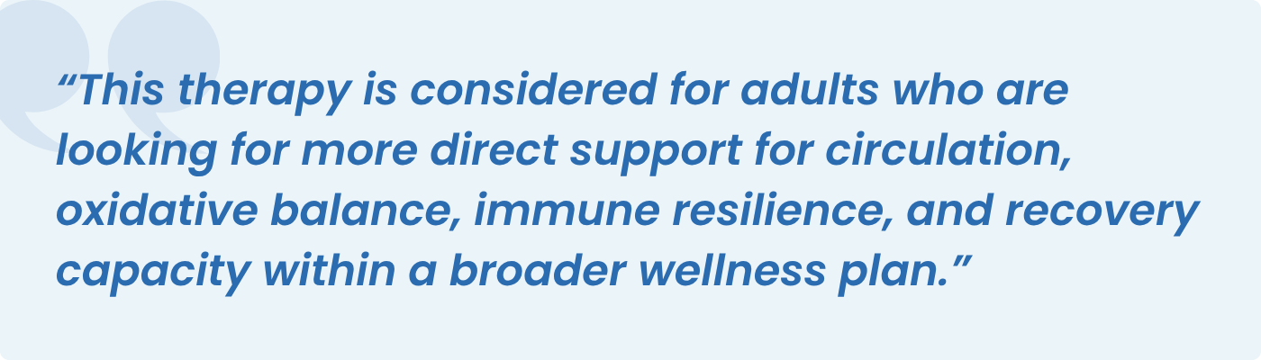 Pull quote describing EBOO therapy support for circulation, immunity, and recovery