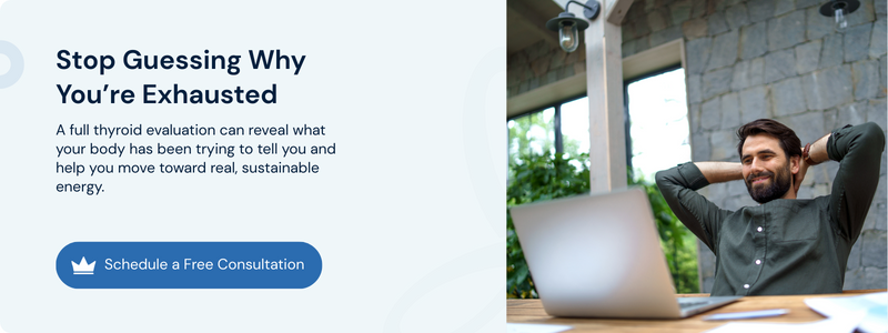 Thyroid evaluation banner with a relaxed man and a free consultation button