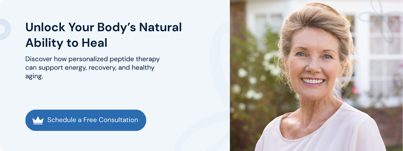 Peptide therapy banner with a smiling older woman and a consultation button